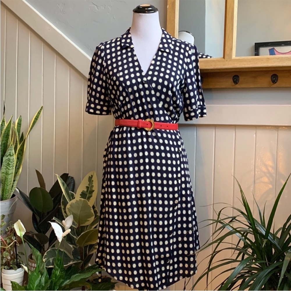 Anthropologie Navy Blue Polka Dot Wrap Dress with Cream Dots and Red Belt
